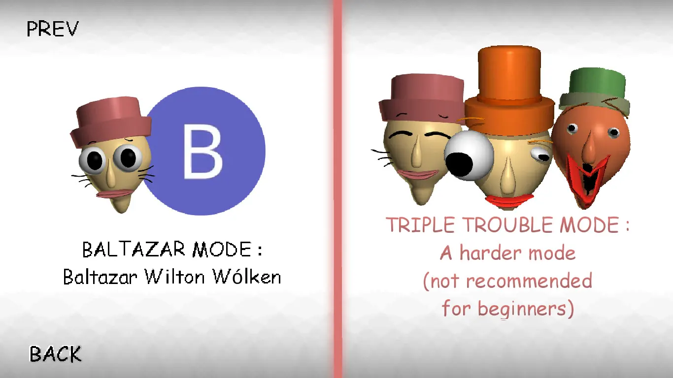 Mode selection showing Baltazar Mode and Triple Trouble Mode