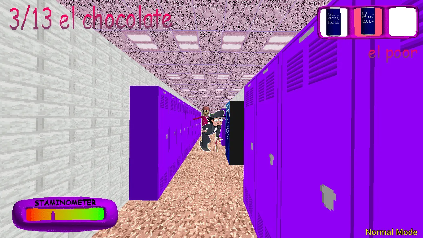 Purple locker corridor with 3 of 13 chocolates counted and stamina meter visible