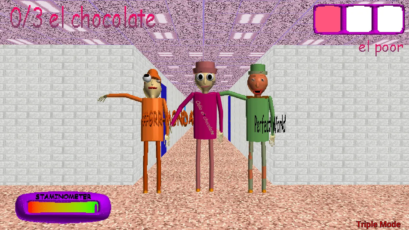 Three characters stand together in the school during Triple Trouble Mode